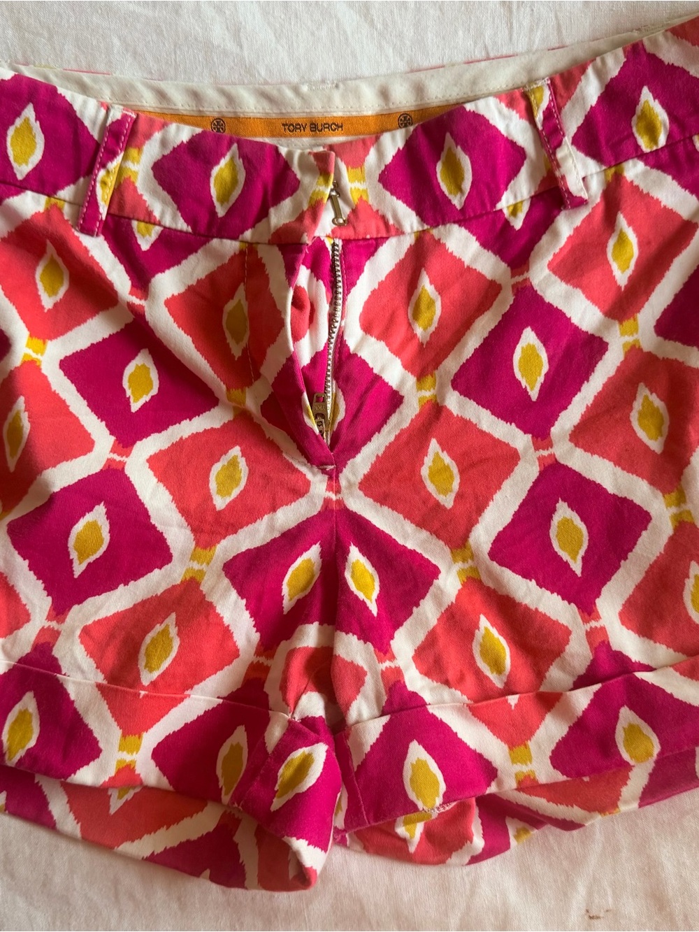 Tory Burch Pink Coral and Yellow Printed Cotton Shorts